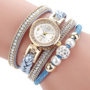 Elegante dames kwartshorloge met strass parel en gevlochten meerlaagse horlogeband