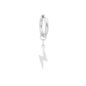 Polished silver lightning bolt dangle hoop earrings in a minimalist stainless steel style