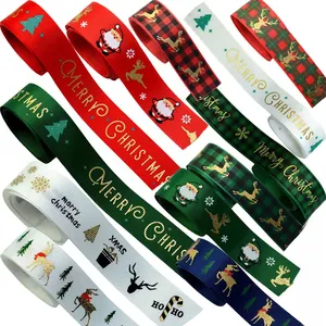 Detailed view of assorted Christmas grosgrain ribbons with festive holiday prints