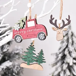Christmas wooden pendants set with red truck, reindeer, and tree ornaments on white branch