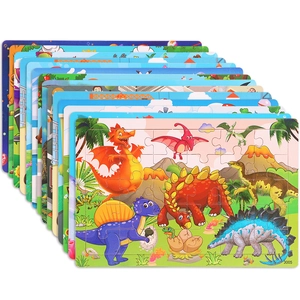 Stack of colorful 30-piece wooden dinosaur jigsaw puzzles for toddler educational learning