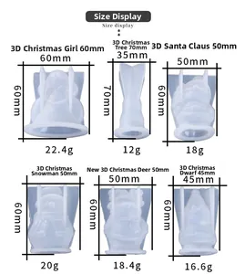 Size specifications for 6 3D Christmas silicone molds including Santa and tree