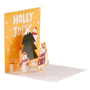 Carte de Noël 3D avec sapin vert et ours polaires sur un fond jaune festif