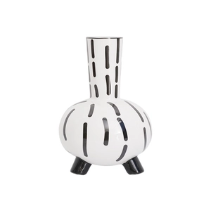 Nordic ceramic hand-painted white striped vase with long neck and three black legs