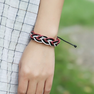 Minimalist braided leather bracelet for couples with adjustable red black and white cord