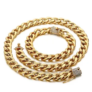 Cuban Link Chain Necklace And Bracelet For Men 316L Stainless Steel Rhinestone Inlaid Buckle Hip Hop Rock Punk Accessory