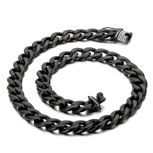 Hip hop black stainless steel Cuban chain necklace with sparkling diamond-set buckle