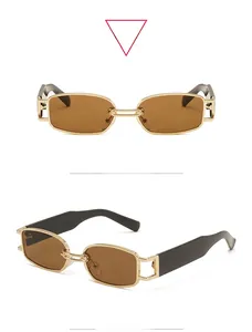 Detailed front and side views of vintage narrow gold metal frame sunglasses with tea lenses