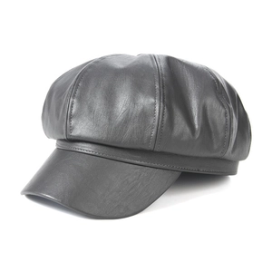 Classic grey leather newsboy cap with eight-panel design for women in retro style