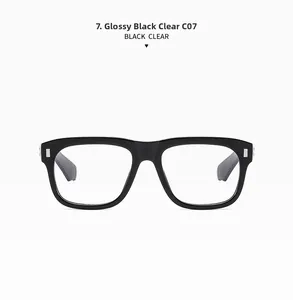 Detail view of shiny black square sunglasses with silver accents and clear lenses