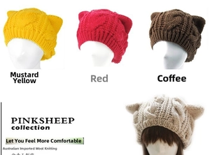 Detailed knit texture of handmade Australian wool cat ear beanies in multiple colors