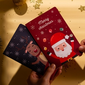 Handheld 3D Christmas greeting cards featuring Santa Claus and reindeer on festive background