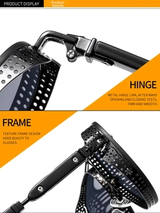 Macro detail of reinforced metal hinges and textured hollow frame design for sunglasses