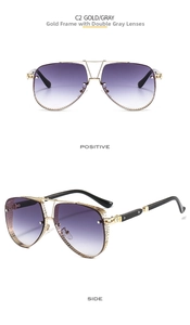 Detail of pilot sunglasses with gold metal frame and violet gradient lenses