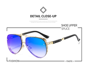 Detail view of gold mesh pilot sunglasses with stylish blue to purple gradient lenses