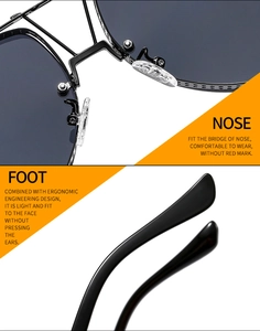 Macro view of ergonomic nose pads and comfortable black temples on trendy sunglasses