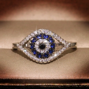 S925 sterling silver evil eye ring with sparkling blue and white crystal stones