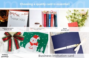 Detailed views of creative greeting cards including business and holiday themes
