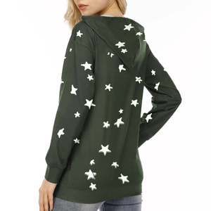 Back view of a dark green hoodie with white star prints and a cozy cotton texture