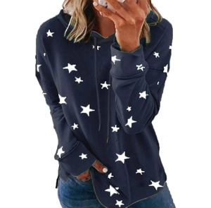 Detail of star print patterns on a navy blue oversized hoodie with drawstrings