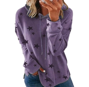 Detail of purple oversized hoodie with star print and adjustable drawstring hood