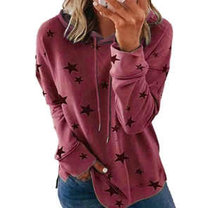 Close-up of star print pattern on a burgundy long sleeve drawstring hoodie for women