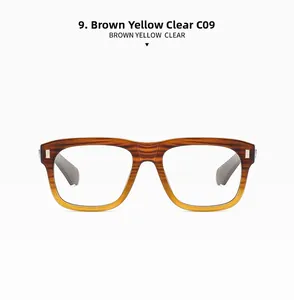 Macro view of gradient brown and yellow wood-textured frames with clear lenses