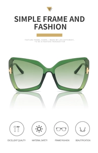 Detail view of butterfly frame sunglasses with metal T-shaped hinges and green gradient lenses