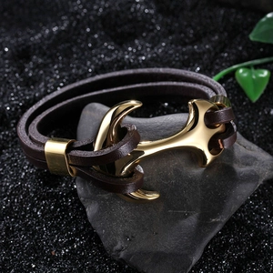 Deep brown anchor leather bracelet on black stone, multilayer nautical wristband for men