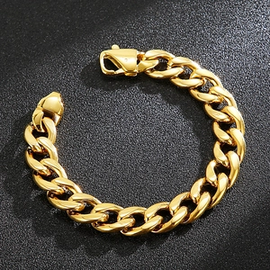 Men's polished gold flat Cuban link chain bracelet with secure lobster clasp closure
