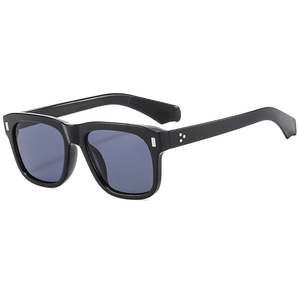 Classic black thick-framed square sunglasses with blue-gray lenses shown at a 45-degree angle
