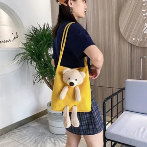 Sac Cabas En Toile Pour Femme Avec Ours En Peluche 3D Style Japonais Kawaii Sac À Main D'Épaule Pour Étudiants Mode