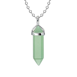 Natural light green hexagonal crystal pillar pendant necklace with silver link chain