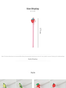 Detail view of cute strawberry silicone topper on pink gel pen for school stationery