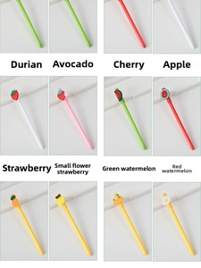 Detail set of creative fruit and food themed gel pens with cute hanging charms