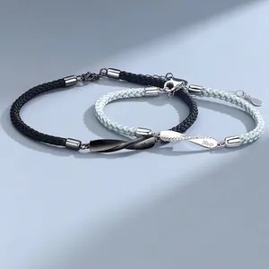 925 Sterling Silver Mobius Loop Couple Bracelets Woven Rope No.52 Engraved Rhinestone Jewelry Gift For Men Women