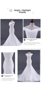 Dettaglio dell'abito da sposa a sirena con spalle scoperte, pizzo e cristalli lucidi