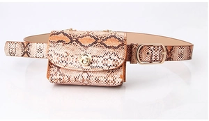 Detail of khaki faux snake skin belt bag with gold twist lock and pin buckle