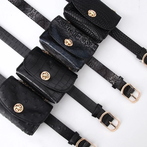 Black mini belt bags in ostrich, crocodile, and snake textures with gold hardware locks