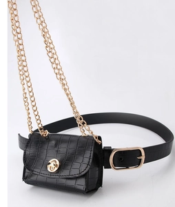 Close-up of black crocodile pattern leather waist bag with gold hardware and chain links