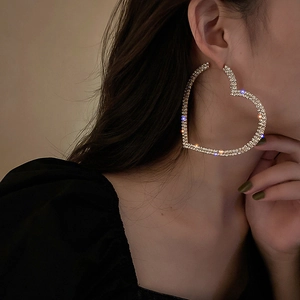 Exaggerated Alloy Rhinestone Heart Hoop Earrings For Women Fashion Jewelry With Silver Earring Post Sparkly Crystal Ear Studs