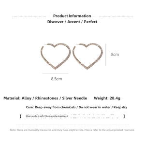 Detailed size map of large heart hoop earrings with full rhinestones and silver pins
