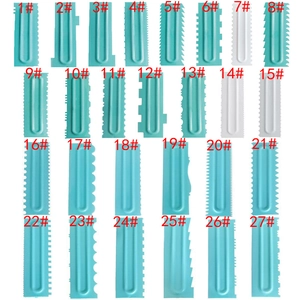 Various styles of cake scrapers with serrated edges for cream texture patterns