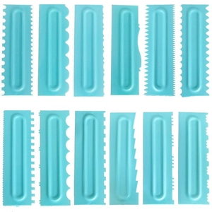 Set of 12 light blue plastic cake scrapers with assorted textured edges for DIY baking