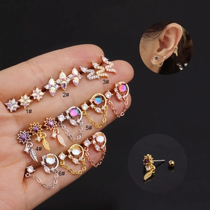 Ear Cartilage Stud Earrings For Women Stainless Steel Post Zircon Inlaid Copper Moon Star Flower Designs Screw Back