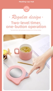 Pink cat-ear coffee warmer showing 4h/12h timer settings and one-touch control design