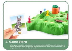 Macro detail of Funny Bunny board game showing card rules and rabbit moving on the green hill