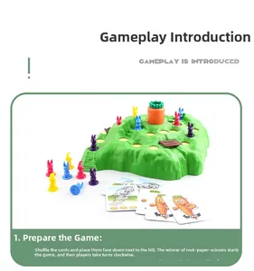 Close-up of rabbit trap board game components including colorful bunny figures and cards