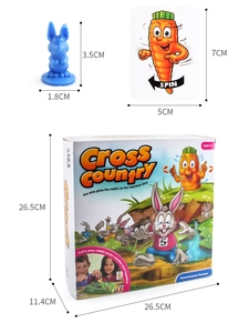 Detailed size specifications for rabbit board game pieces, cards, and packaging box