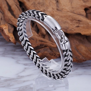 Men's titanium steel woven leather cord bracelet with double-row chain design